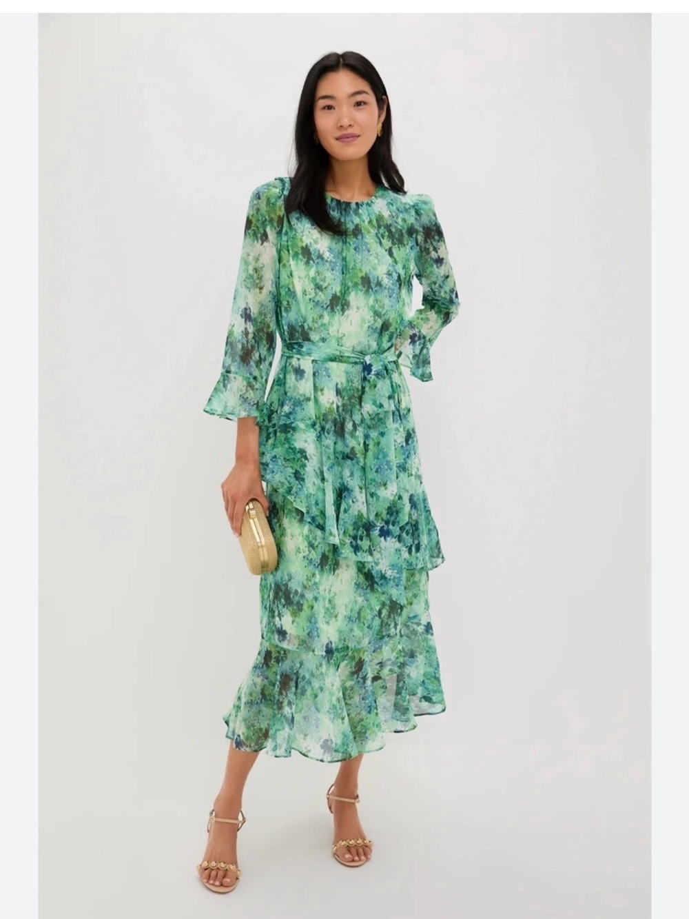 Tucker Green & Teal Watercolor Ruffle Midi Dress